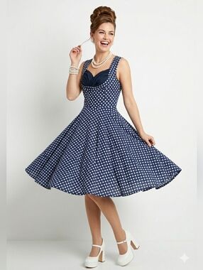 Kentucky Derby 50s Rockabilly Large Polka Dot Pinup Poplin Cotton Stretch Dress